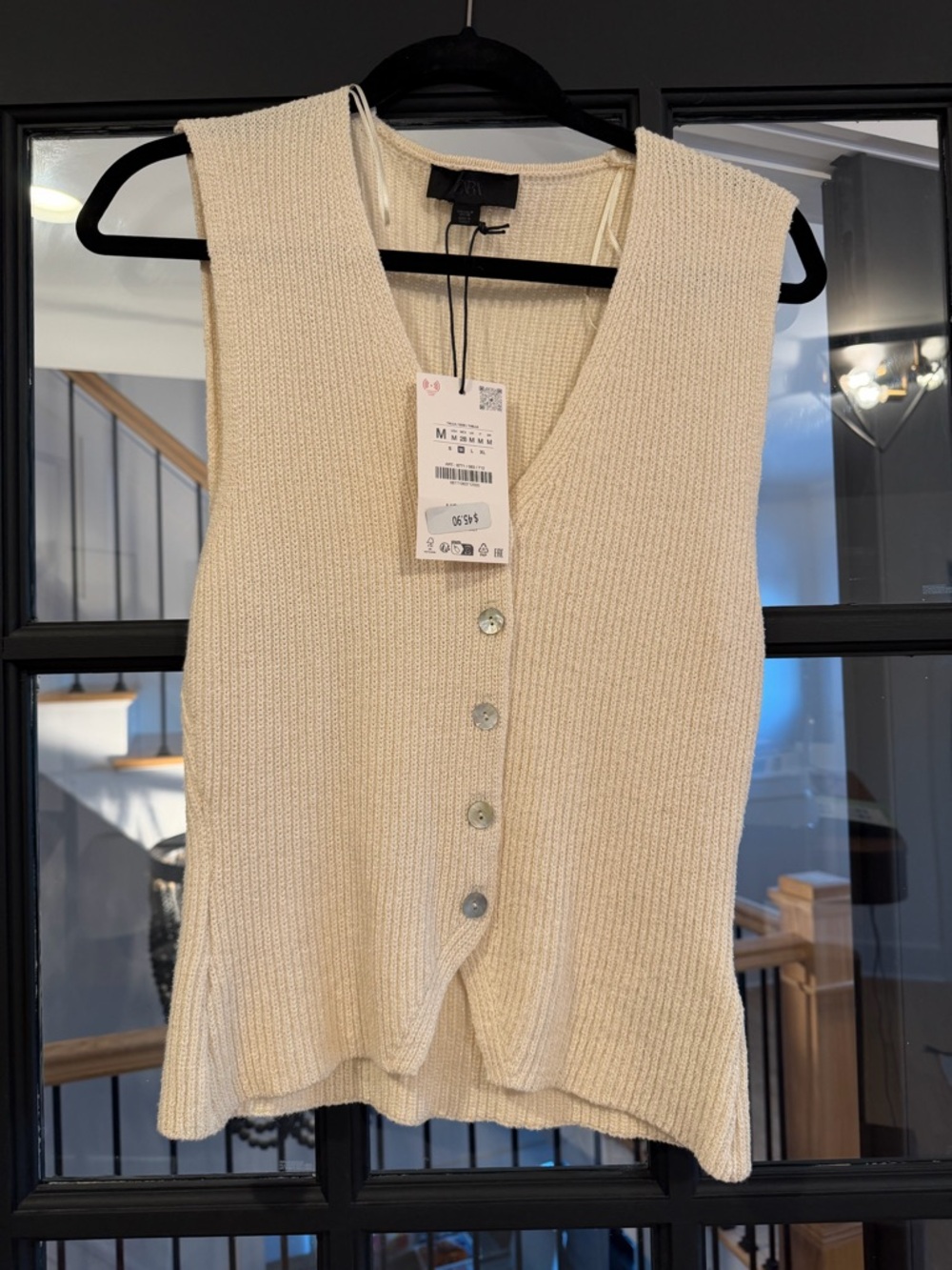 Zara Cream Ribbed Sleeveless Button-Front Top